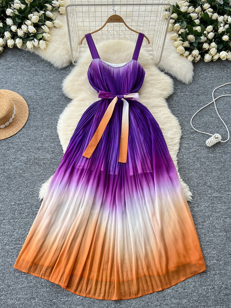 Statement Waist Tie Ombre Pleated Dress Statement Waist Tie Ombre Pleated Dress