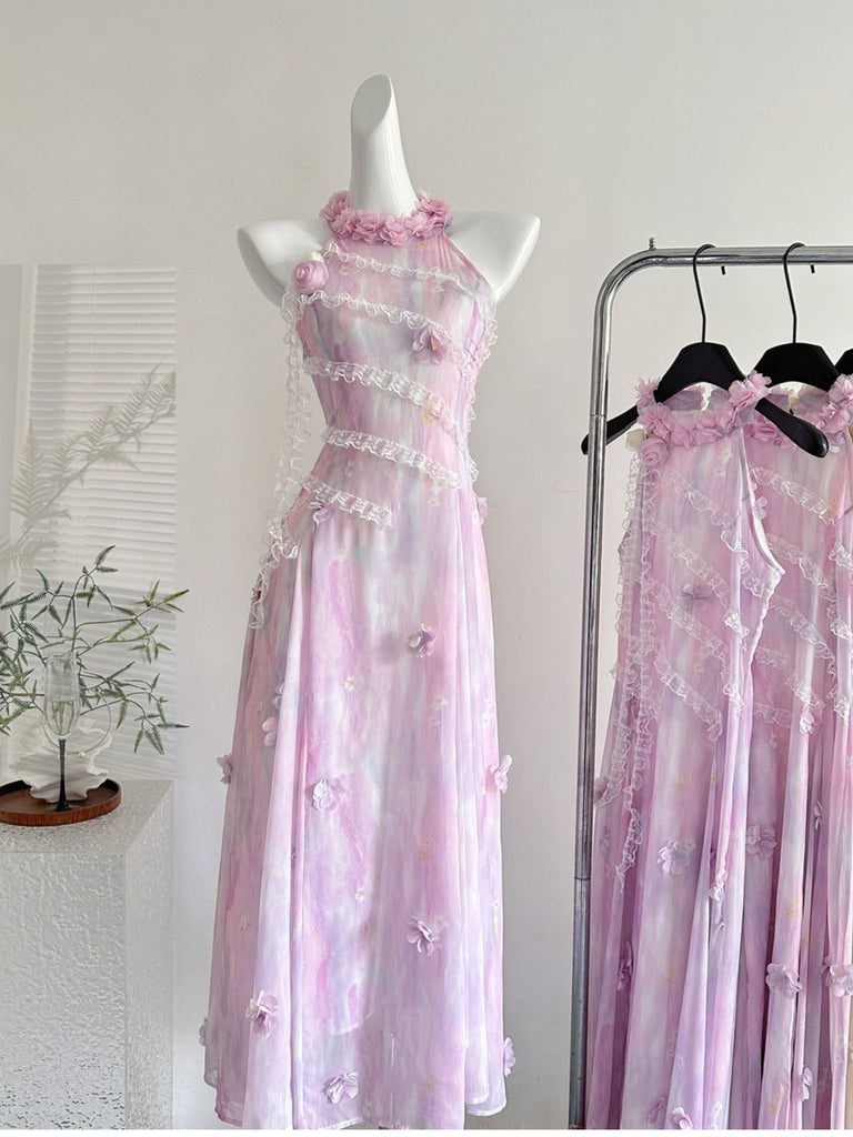 3D Flowers Whimsical Tie Dye Halter Dress S / Purple 3D Flowers Whimsical Tie Dye Halter Dress S / Purple