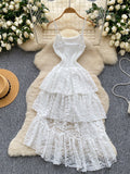 Tiered Ruffled Spaghetti Straps White Lace Maxi Dress