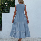Yellow V Neck Button Layered Hem Smock Dress