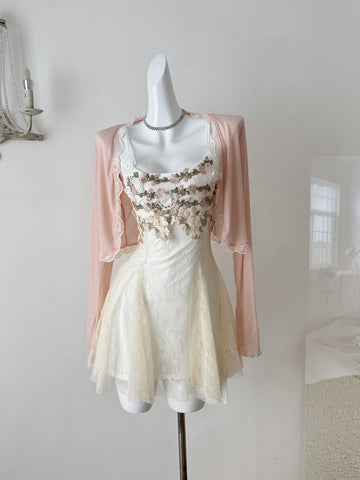 Soft Pink Cropped Cardigan Floral Dress