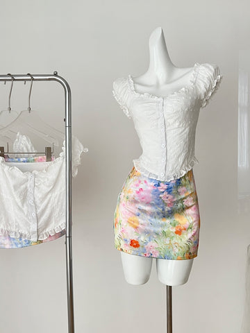 White Lace Trimmed Crop Top with Colorful Floral Skirt