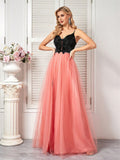 A Line Pink V Neck Bow Tulle Prom Dress