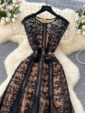 Floral Embroidery Sheer Mesh Black Lace Dress