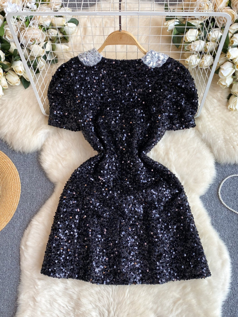 sequin dress with black collar Sequin Trim Shift Mini Dress