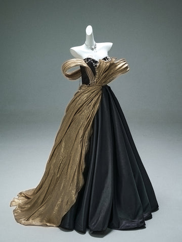 A Line Off The Shoulder Beading Black & Gold Prom Dress