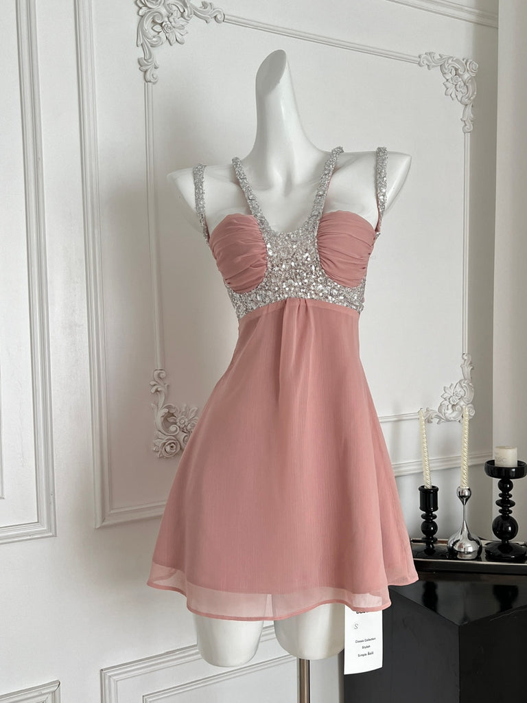 pink dress with silver sequins Pink Sequined Column Silver Beaded V-neck Prom Dresses