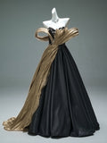 A Line Off The Shoulder Beading Black & Gold Prom Dress
