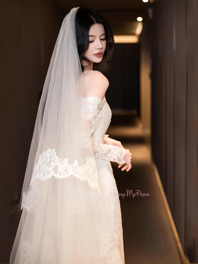 Off The Shoulder Lace Long Sleeve Trumpet Mermaid Wedding Dress –  Sassymyprom
