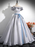 A-Line Off Shoulder Ruffles Gray Satin Prom Dress