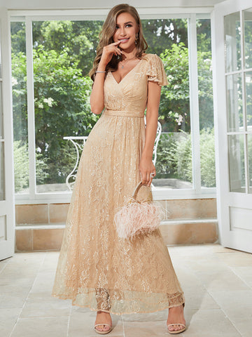 Champagne Long Lace Wedding Guest Dress