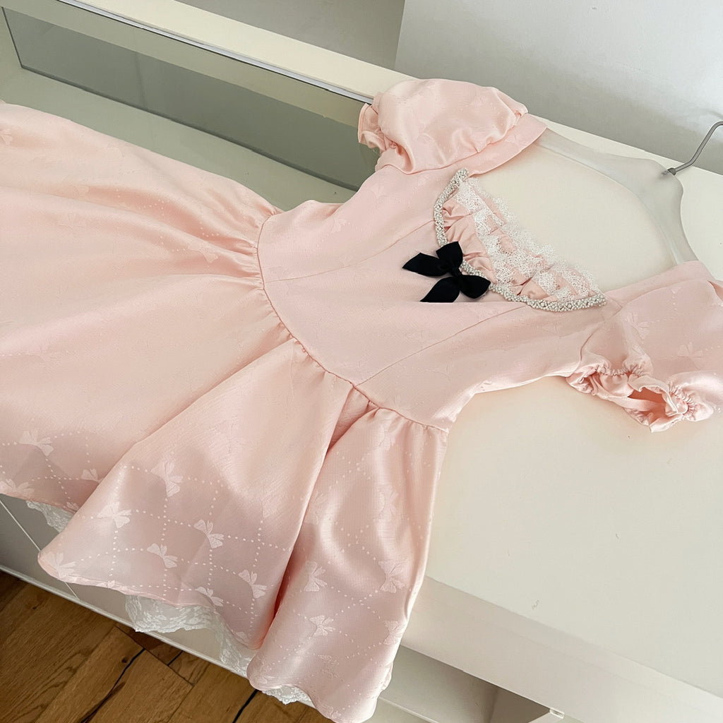 Black Bow Pink Short Puff Sleeves Summer Dress L