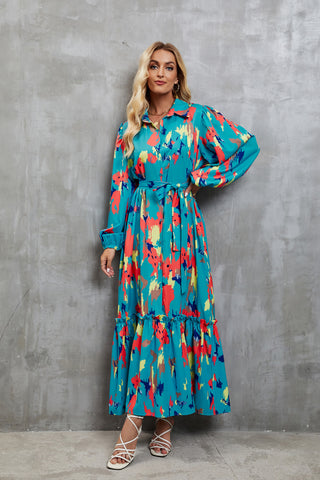 Teal Abstract Expression Full Sleeves Midi Dress