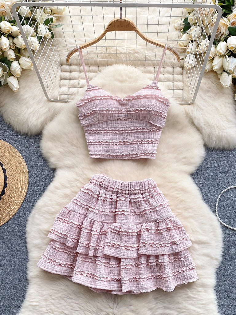 Embroidered Lace-Up Crop Top With Skirt Set