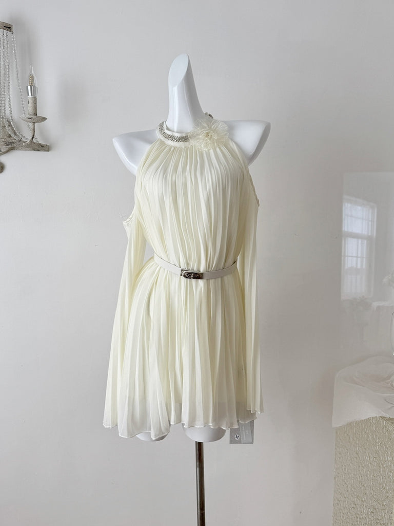 cream summer dress Pleated Cream Summer Halter Mini Dress – Sassymyprom
