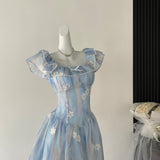 Cinched Waist Flared Skirt Blue Floral Dress