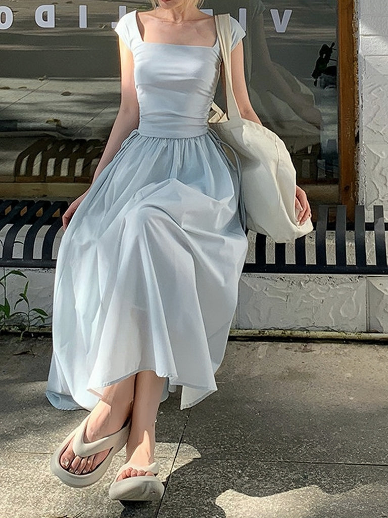 High Waist Hollow Square Neck Knitted Long Dress L / Blue High Waist Hollow Square Neck Knitted Long Dress L / Blue