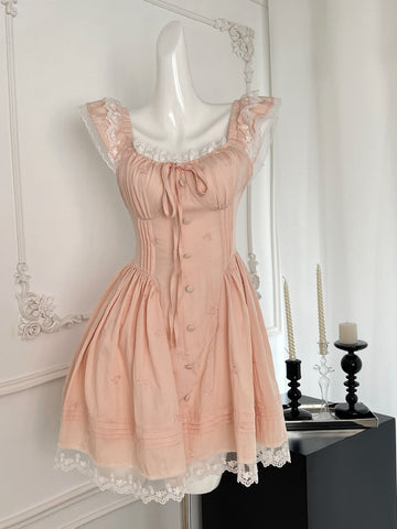 Fitted Bodice Vintage-Inspired Lace-Trimmed Pink Dress