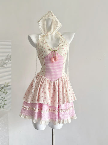Adorable Pink & White Summer Halter Dress