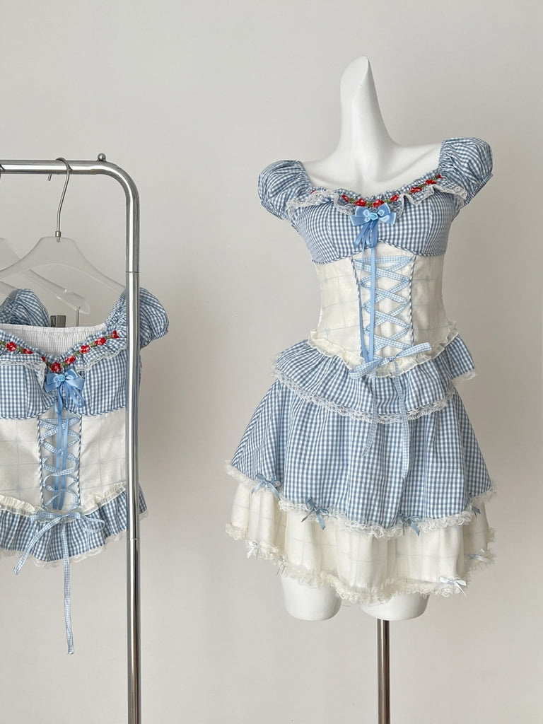 blue and white checkered corset dress Blue Gingham Corset Midi Dress with Slit
