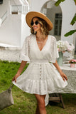 Lace V Neck Backless Crochet Ruffle Mini Dresses