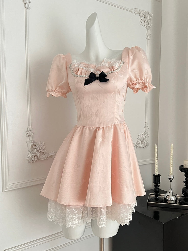 Black Bow Pink Short Puff Sleeves Summer Dress L Black Bow Pink Short Puff Sleeves Summer Dress L