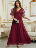 Burgundy  Puff Sleeve Chiffon Bridesmaid Dress