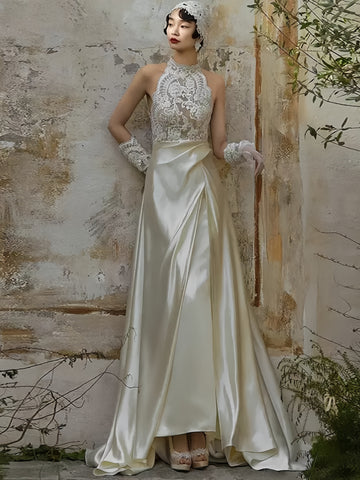 Simple Halter Lace & Satin A Line Wedding Dress