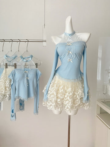 Puffy Lace Mini Skirt Light Blue Long Seeved Top