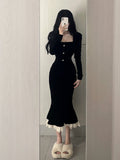 Long Sleeve Sleek Pearl Buttons Black Midi Dress