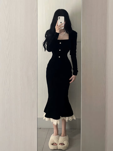Long Sleeve Sleek Pearl Buttons Black Midi Dress