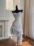 White Lace High Low Beading Prom Party Dress