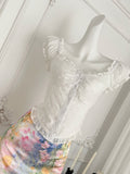 White Lace Trimmed Crop Top with Colorful Floral Skirt