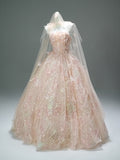 Ball Gown Sequin Tulle Pink Flower Prom Dress