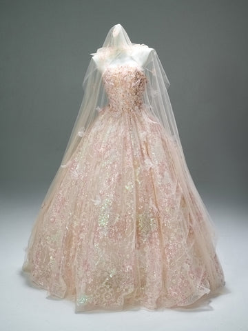 Ball Gown Sequin Tulle Pink Flower Prom Dress