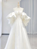 Satin Puffy Sleeves Mesh Sweetheart A Line Wedding Dress