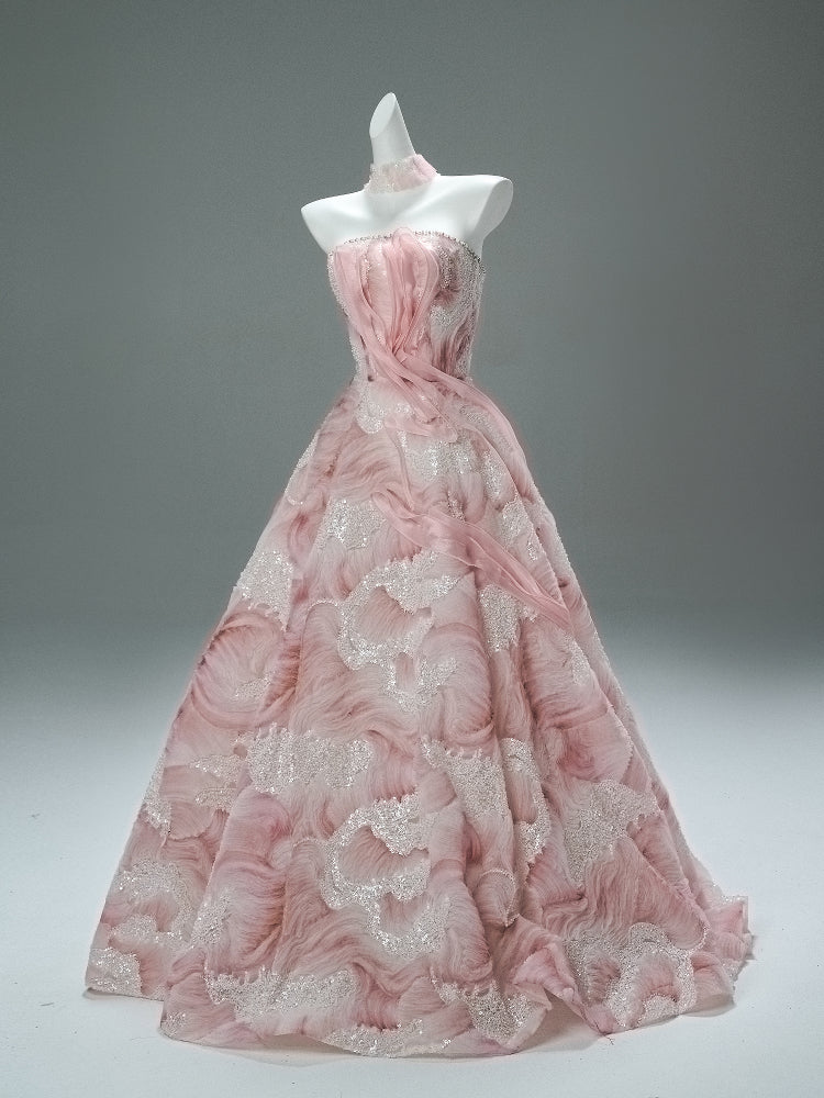 sparkle pink prom dress A Line Tulle Sparkle Pink Floral Prom Dress – Sassymyprom