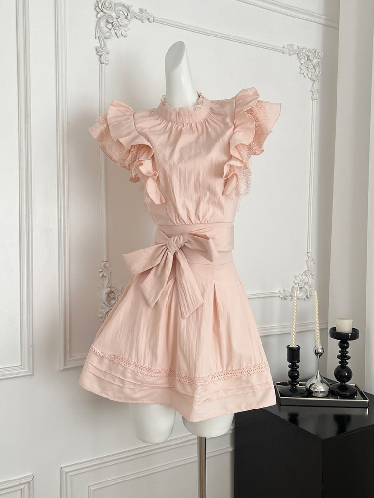Bow Lace Accent Pink Dress Set S Bow Lace Accent Pink Dress Set S