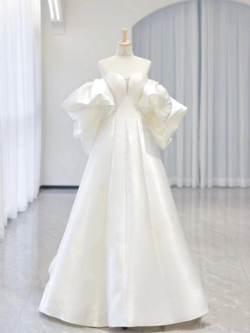 Satin Puffy Sleeves Mesh Sweetheart A Line Wedding Dress