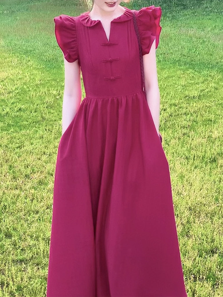 Raspberry Red Flying Sleeve Summer A-Line Long Dress L Raspberry Red Flying Sleeve Summer A-Line Long Dress L