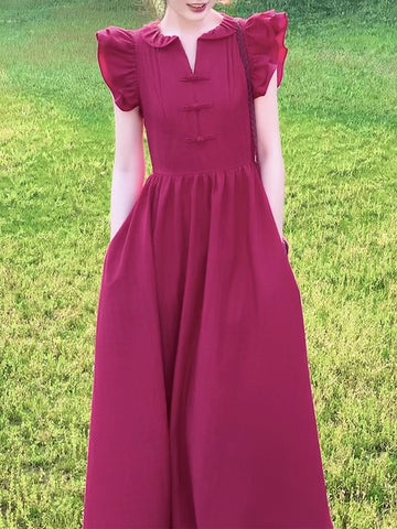 Raspberry Red Flying Sleeve Summer A-Line Long Dress