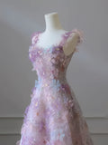 Pink Floral Straps A Line Princess Prom Dress