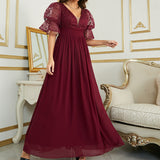 Burgundy  Puff Sleeve Chiffon Bridesmaid Dress