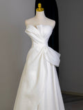 Satin Tulle A Line Strapless Ruched Wedding Dress