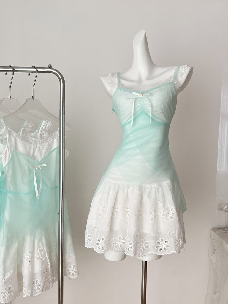 Trimmed Skirt Mint Green White Lace Sheer Dress Trimmed Skirt Mint Green White Lace Sheer Dress