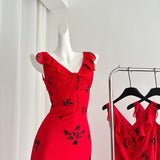Black Floral Print V-Neckline Red Beach Dress