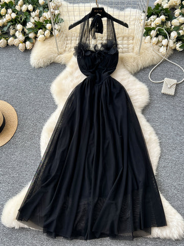 Pleated Black Halter Neck Maxi Dress