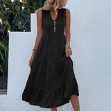 Yellow V Neck Button Layered Hem Smock Dress
