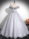 A-Line Off Shoulder Ruffles Gray Satin Prom Dress
