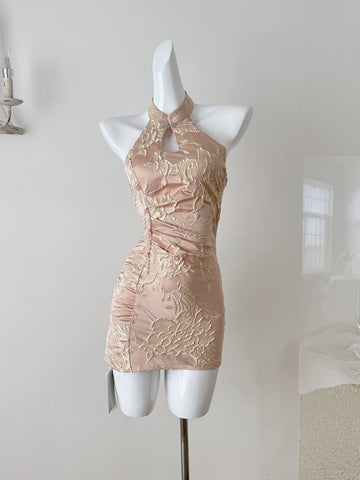 Pink Floral Embroidery Halter Mini Dress